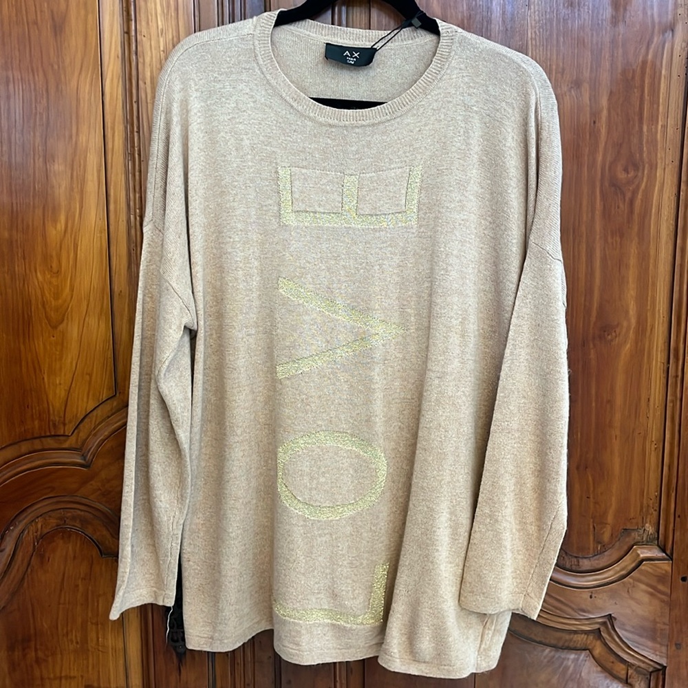 Beige crew neck long sleeve sweater with LOVE in gold lurex